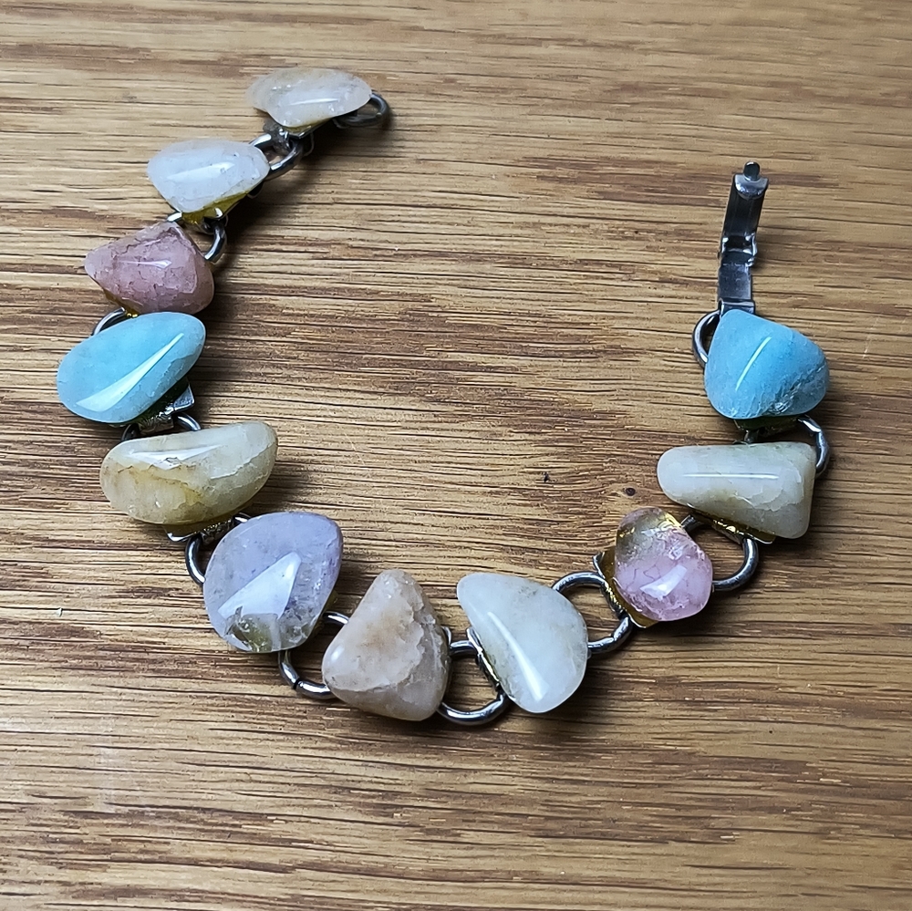 Colorful Polished Gemstone Bracelet Vintage 7"